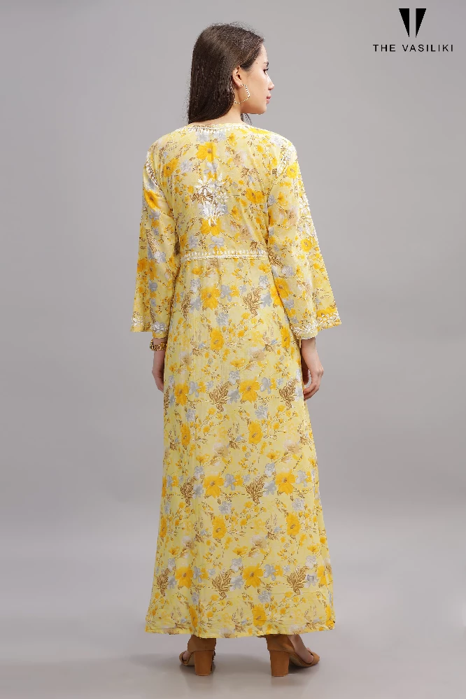 Flowery Yellow Mulmul Cotton Anarkali Gown with White Chikankari Embroidery-6.webp